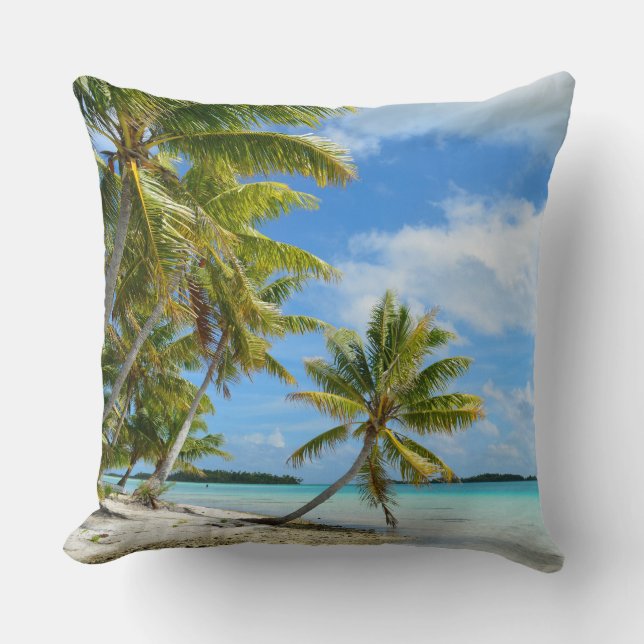 Tropical palm tree white sand beach throw pillow (Front)