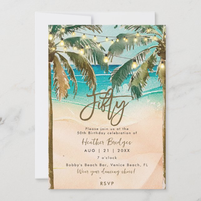 Tropical palm trees 50th birthday party invitation (Front)