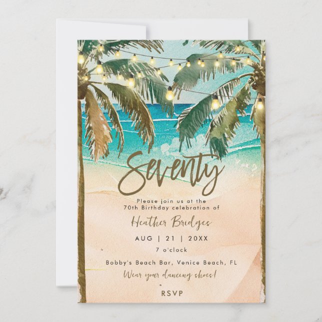 Tropical palm trees 70th birthday party invitation (Front)