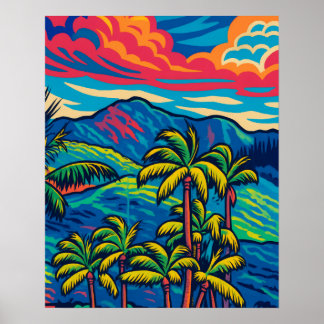 Tropical Palm Trees and Ko'olau Mountain Pop Art Poster