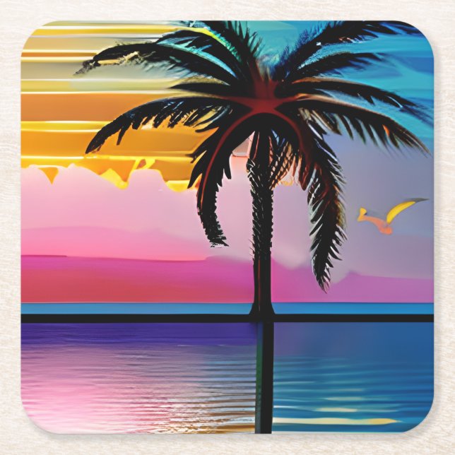 Tropical Palm Trees and Ocean Square Paper Coaster (Front)