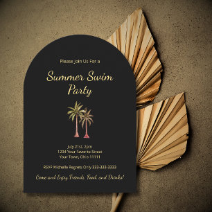 Tropical Palm Trees Barbecue Swim Party Black  Invitation