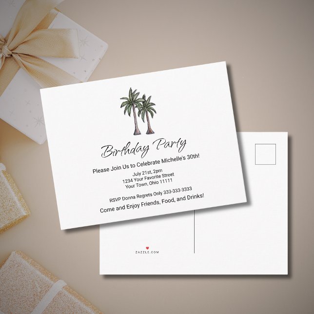 Tropical Palm Trees Beach 30th Birthday Party Invitation Postcard (Creator Uploaded)