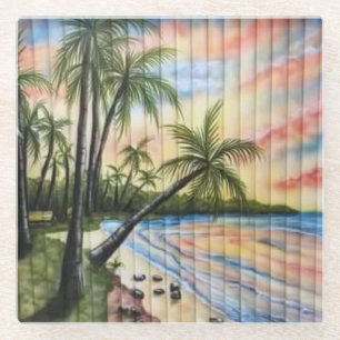 TROPICAL PALM TREES BEACH BLINDS GLASS COASTER