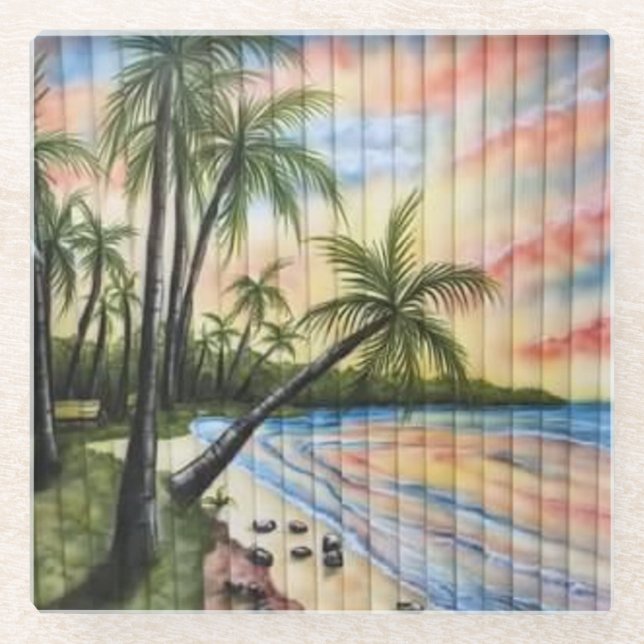 TROPICAL PALM TREES BEACH BLINDS GLASS COASTER (Front)