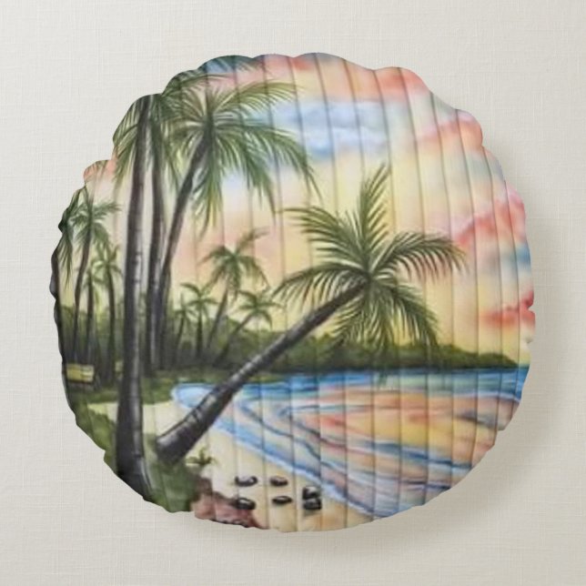 TROPICAL PALM TREES BEACH BLINDS ROUND CUSHION (Front)