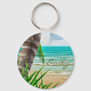 Tropical Palm Trees Beach Island Personalised Key Ring