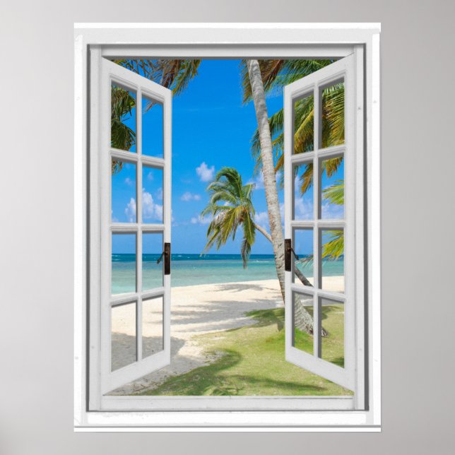 Tropical Palm Trees Beach Ocean View Fake Window Poster (Front)
