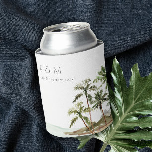 Tropical Palm Trees Beach Sand Monogram Wedding Can Cooler