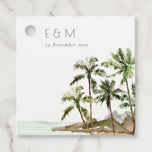 Tropical Palm Trees Beach Sand Monogram Wedding Favour Tags (Front)