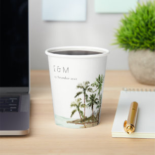 Tropical Palm Trees Beach Sand Monogram Wedding Paper Cups
