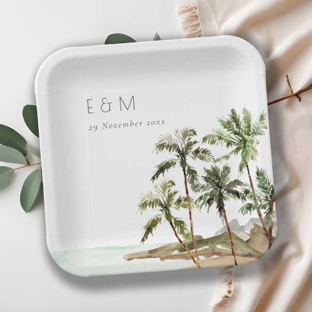Tropical Palm Trees Beach Sand Monogram Wedding Paper Plate (Creator Uploaded)