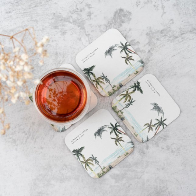 Tropical Palm Trees Beach Sand Monogram Wedding Square Paper Coaster (Creator Uploaded)