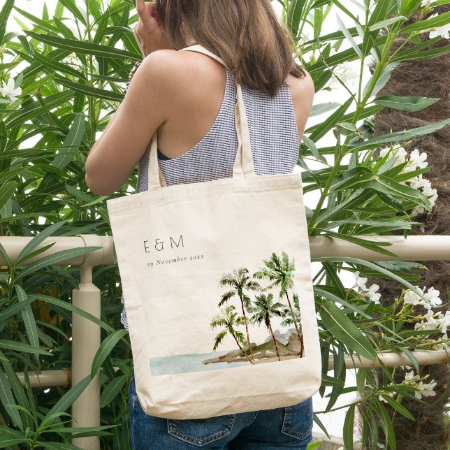 Tropical Palm Trees Beach Sand Monogram Wedding Tote Bag (Creator Uploaded)