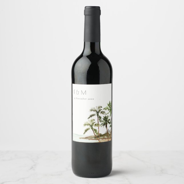 Tropical Palm Trees Beach Sand Monogram Wedding Wine Label (Front)