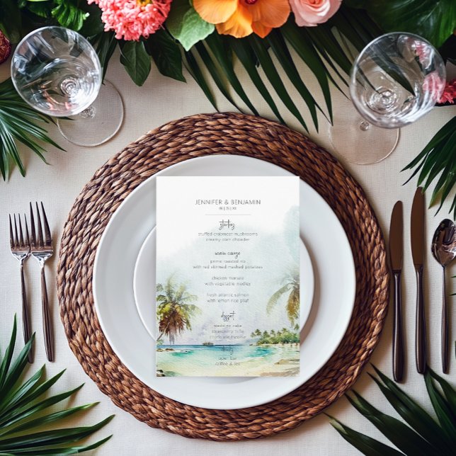 Tropical Palm Trees Beach Scene Modern Wedding Menu (Creator Uploaded)