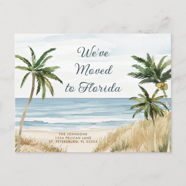 Tropical Palm Trees Beach Scene New Address Announcement Postcard (Front)
