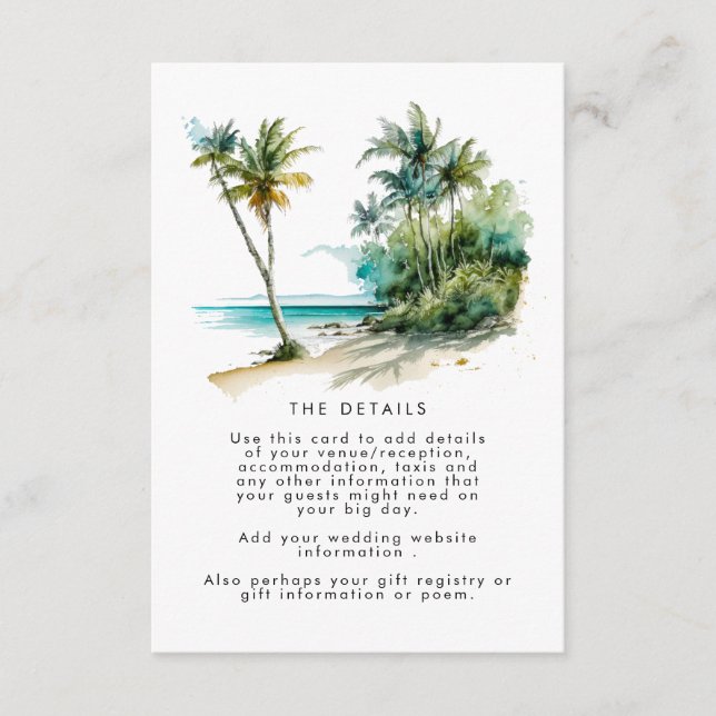 tropical palm trees beach wedding information card (Front)