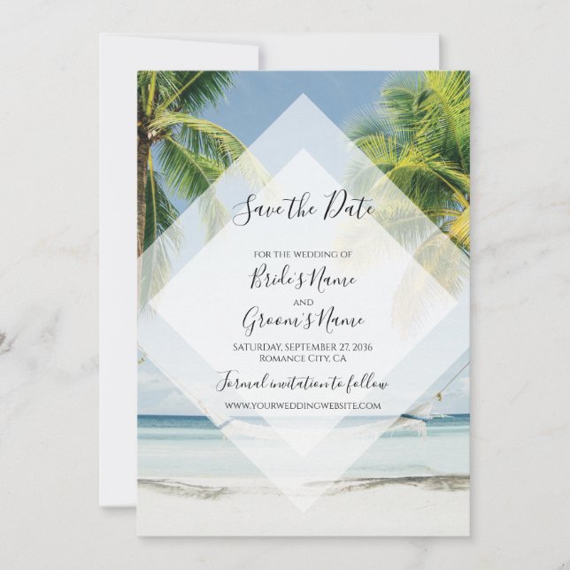Tropical Palm Trees Beach Wedding Save The Date (Front)