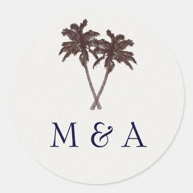 Tropical Palm Trees Beach Wedding Stationery Classic Round Sticker (Front)