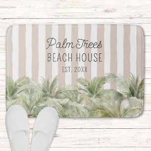 Tropical Palm Trees Beige Stripes Beach House Bath Mat