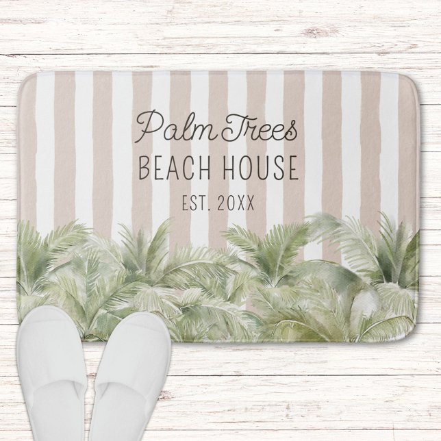 Tropical Palm Trees Beige Stripes Beach House Bath Mat (In situ)