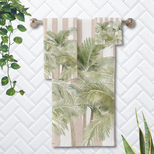 Tropical Palm Trees Beige Stripes Beach House Bath Towel Set (In situ)