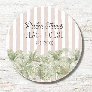 Tropical Palm Trees Beige Stripes Beach House Coaster
