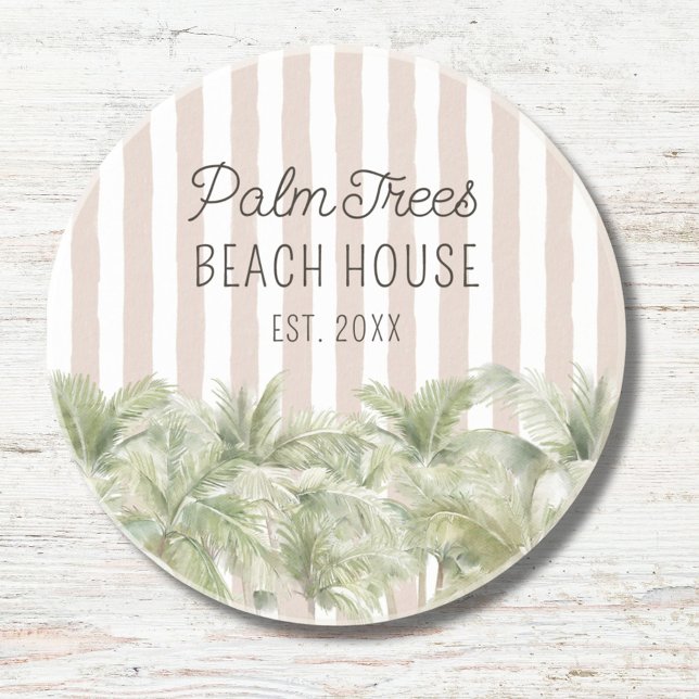 Tropical Palm Trees Beige Stripes Beach House Coaster (In situ)