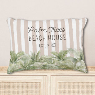 Tropical Palm Trees Beige Stripes Beach House Decorative Cushion