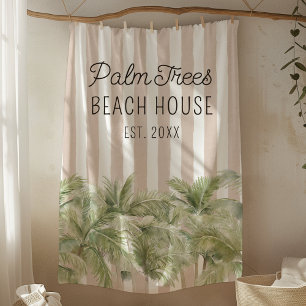 Tropical Palm Trees Beige Stripes Beach House Fleece Blanket
