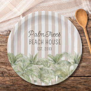 Tropical Palm Trees Beige Stripes Beach House Paper Plate