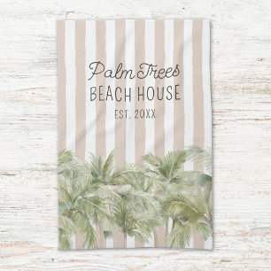 Tropical Palm Trees Beige Stripes Beach House Tea Towel