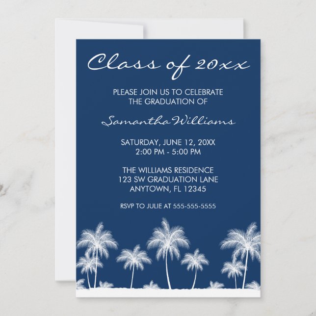 Tropical Palm Trees Blue Graduation Party Invitation (Front)