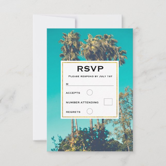 Tropical Palm Trees California Retro Wedding RSVP Card (Front)