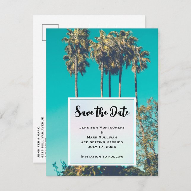 Tropical Palm Trees California Save the Date Invitation Postcard (Front/Back)