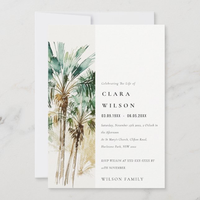 Tropical Palm Trees Celebrating the Life Memorial Invitation (Front)