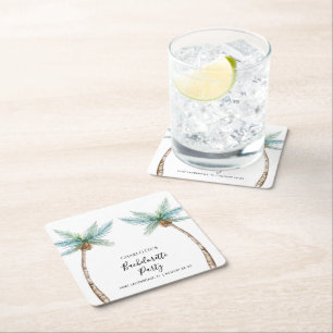 Tropical Palm Trees Coastal Bachelorette Party Square Paper Coaster