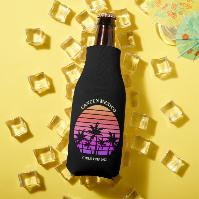 Tropical Palm Trees  Custom Pink Black Beach Party Bottle Cooler (In Situ Summer)