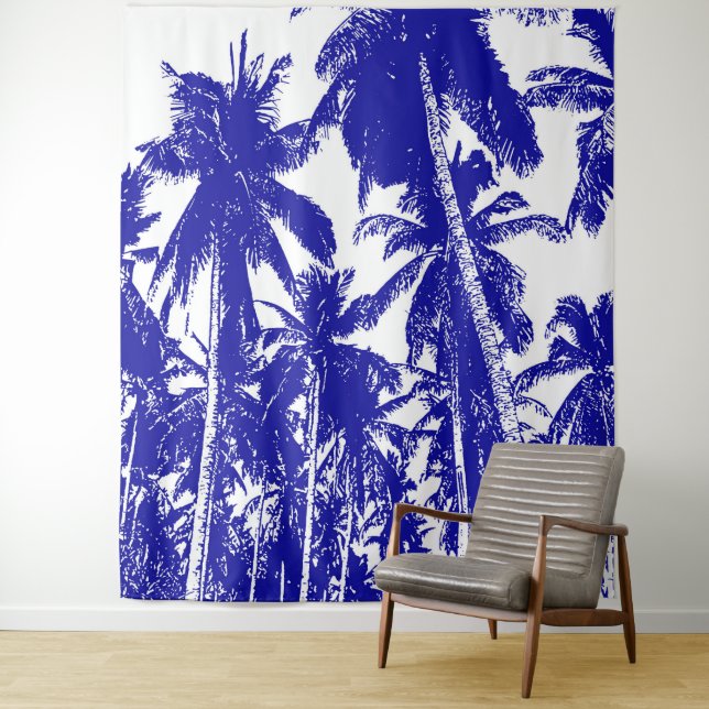 Tropical Palm Trees Design Background Blue & White Tapestry (In Situ)