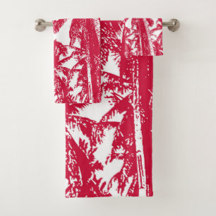 Tropical Palm Trees Design. Red and white. Bath Towel Set