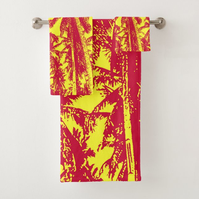 Tropical Palm Trees Design. Red and yellow. Bath Towel Set (Insitu)