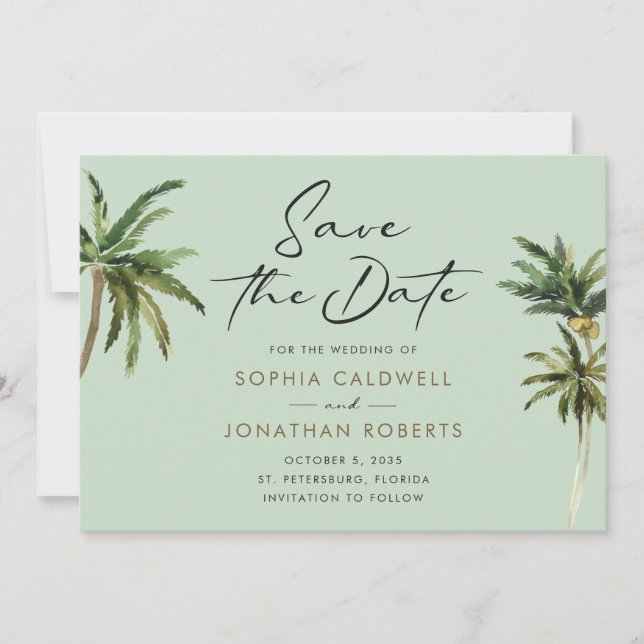 Tropical Palm Trees Destination Wedding Save The D Date (Front)
