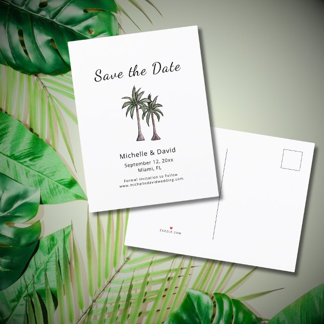 Tropical Palm Trees Drawing Wedding Save the Date Announcement Postcard (Creator Uploaded)