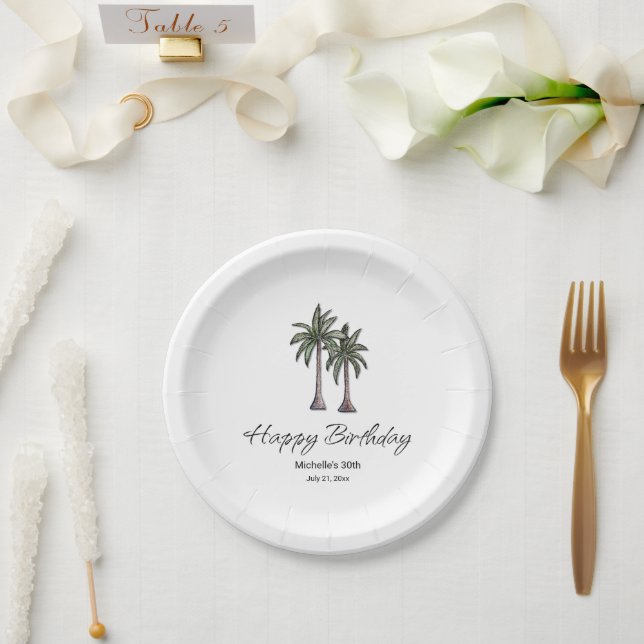 Tropical Palm Trees Elegant 30th Birthday Party Paper Plate (Wedding)