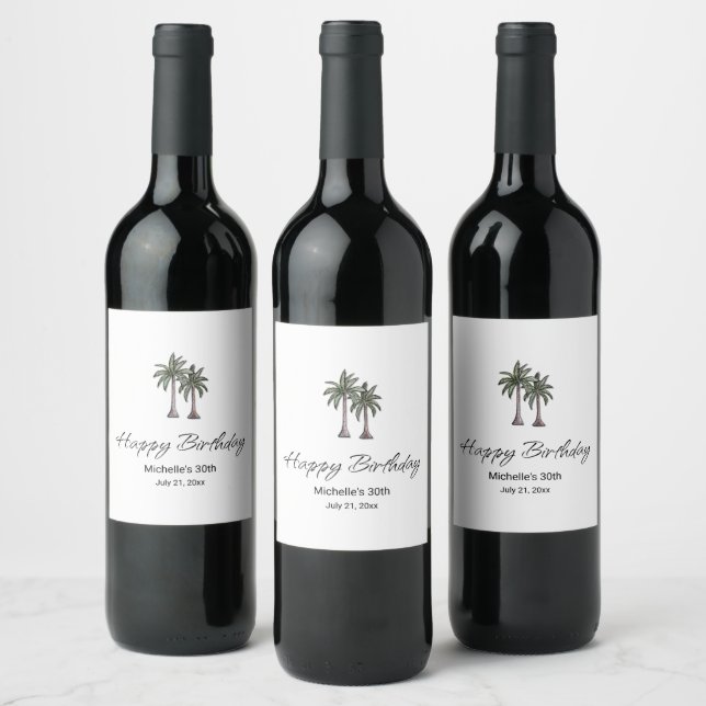 Tropical Palm Trees Elegant 30th Birthday Party Wine Label (Bottles)
