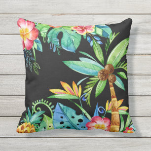 Tropical Palm Trees & Floral Watercolor Black Cushion