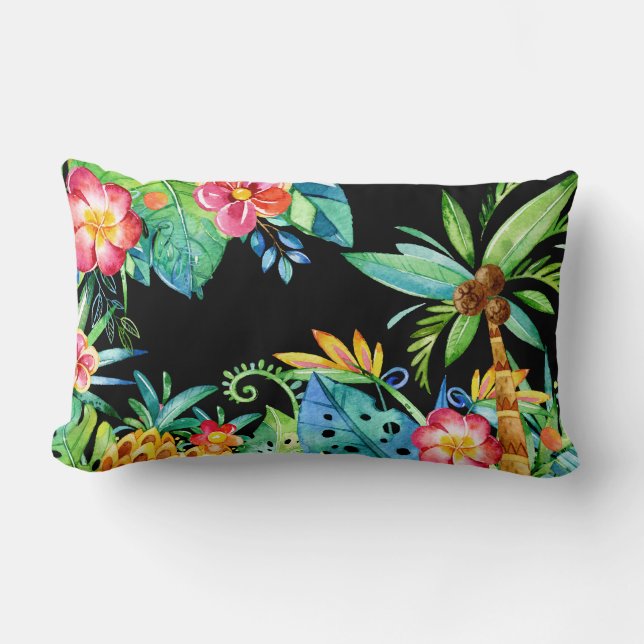 Tropical Palm Trees & Floral Watercolor Black Lumbar Cushion (Front)