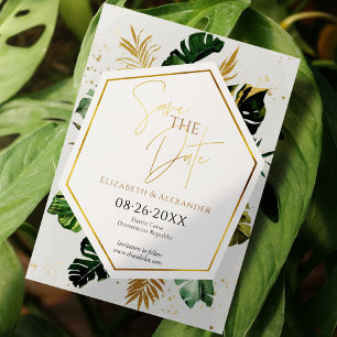 Tropical Palm Trees Gilded Script Save The Date Invitation