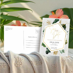 Tropical Palm Trees Gilded Script Save The Date Postcard